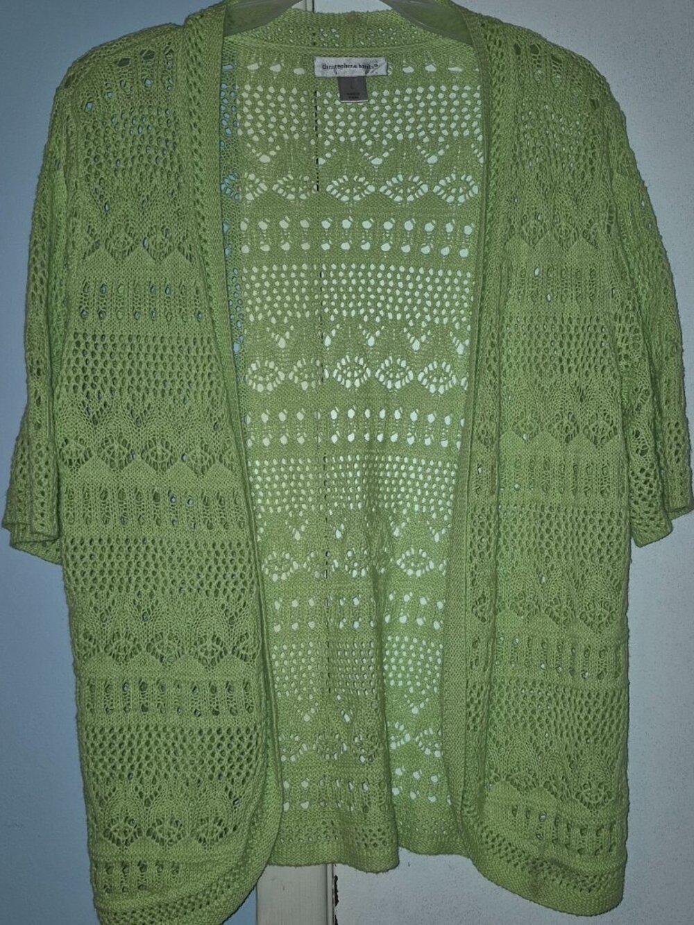 Christopher & Banks Lime Green Open Front SS Knit Cardigan Sweater Boho Womens L